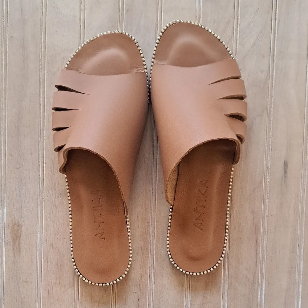 Antika Handmade Leather Cut Out Slide Rhinestone Trim Slip-On Flats Sandals
